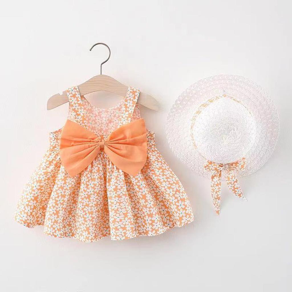 Summer Children's Sleeveless Cute Printed Dress Princess Dress + Hat Set