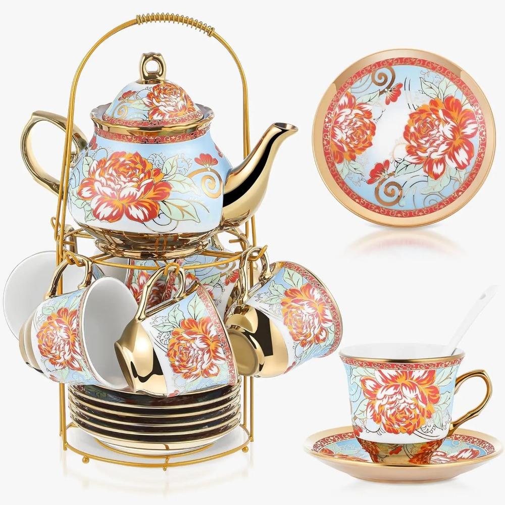 20 Pcs Porcelain Tea Set with Metal Holder and Spoon Adult Ceramic Tea Party Set European Flower Painting Teapot Cup Saucer