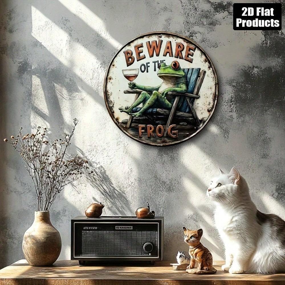 2D Flat Metal Wall Art Frog Sign, 8 Inch Round Aluminum Plaque for Home Decor Kitchen Bar, Unique Funny Gift