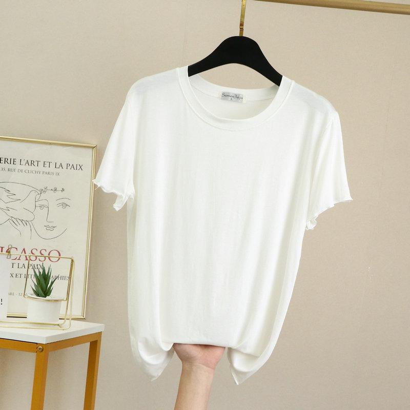 Women's Summer Modal Ruffle Trim T-shirt - Short Sleeve, Loose-Fit, Slimming Half Sleeve