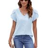 Women's V Neck Petal Short Sleeve Blouse Loose Fit Faux Pearl Button Decor Casual Summer Chiffon Top