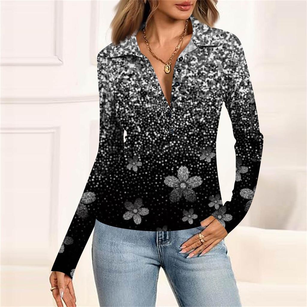 Damenmode Lässig Bedrucktes V-Ausschnitt Langarm Knopfleiste Oberteil