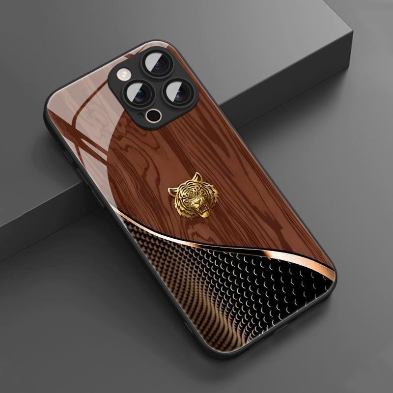 Holzmaserung Tigerkopf Muster Gehärtetes Glas Handyhülle Für iPhone 11 12 13 14 15 16 17 Pro Max 17 Air 7 8 Plus XR XS X Abdeckung
