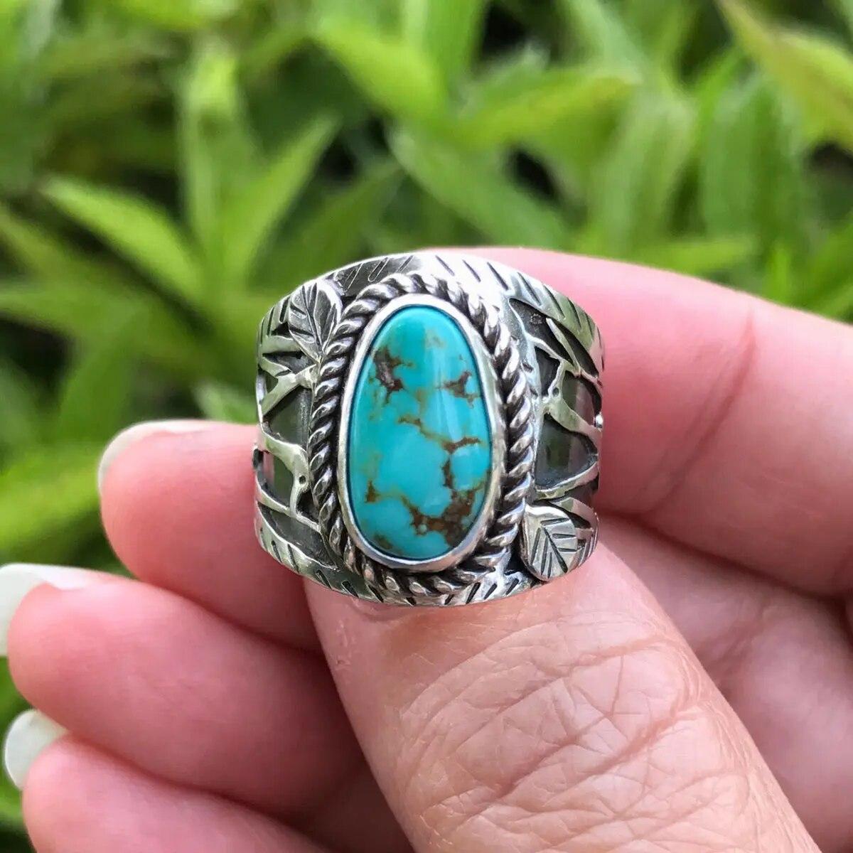 

Женское кольцо в богемном стиле, ретро-геометрия, кольцо с натуральной бирюзой, серебряное кольцо с инкрустацией в виде цветка, женские вечерние ювелирные аксессуары, аксессуары 9