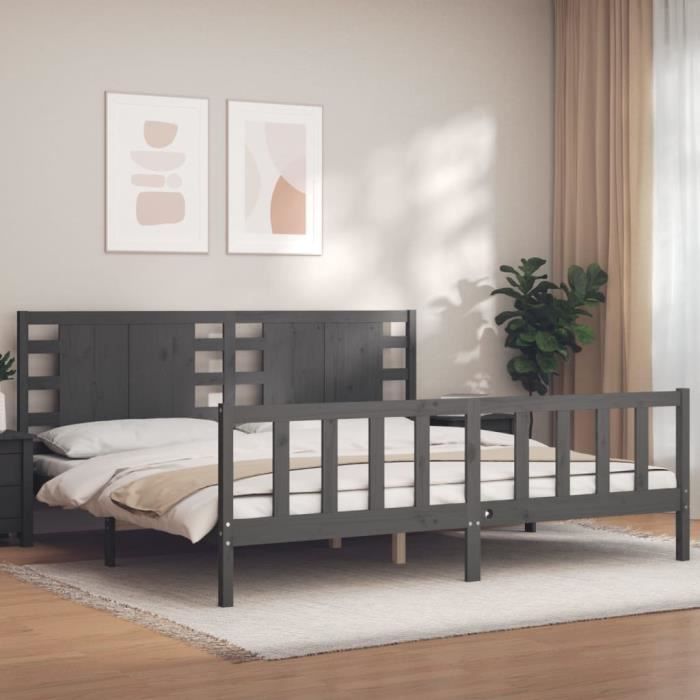 VidaXL Cadre de lit avec tête de lit gris 200x200 cm bois massif 3192838
