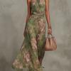 New European and American Style Halter Printed Long Dress, Vacation Style, Waist-cinching Slimming Dress for Women YJ1109