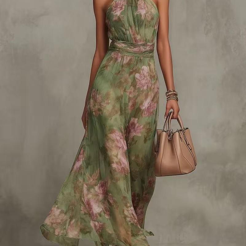 New European and American Style Halter Printed Long Dress, Vacation Style, Waist-cinching Slimming Dress for Women YJ1109