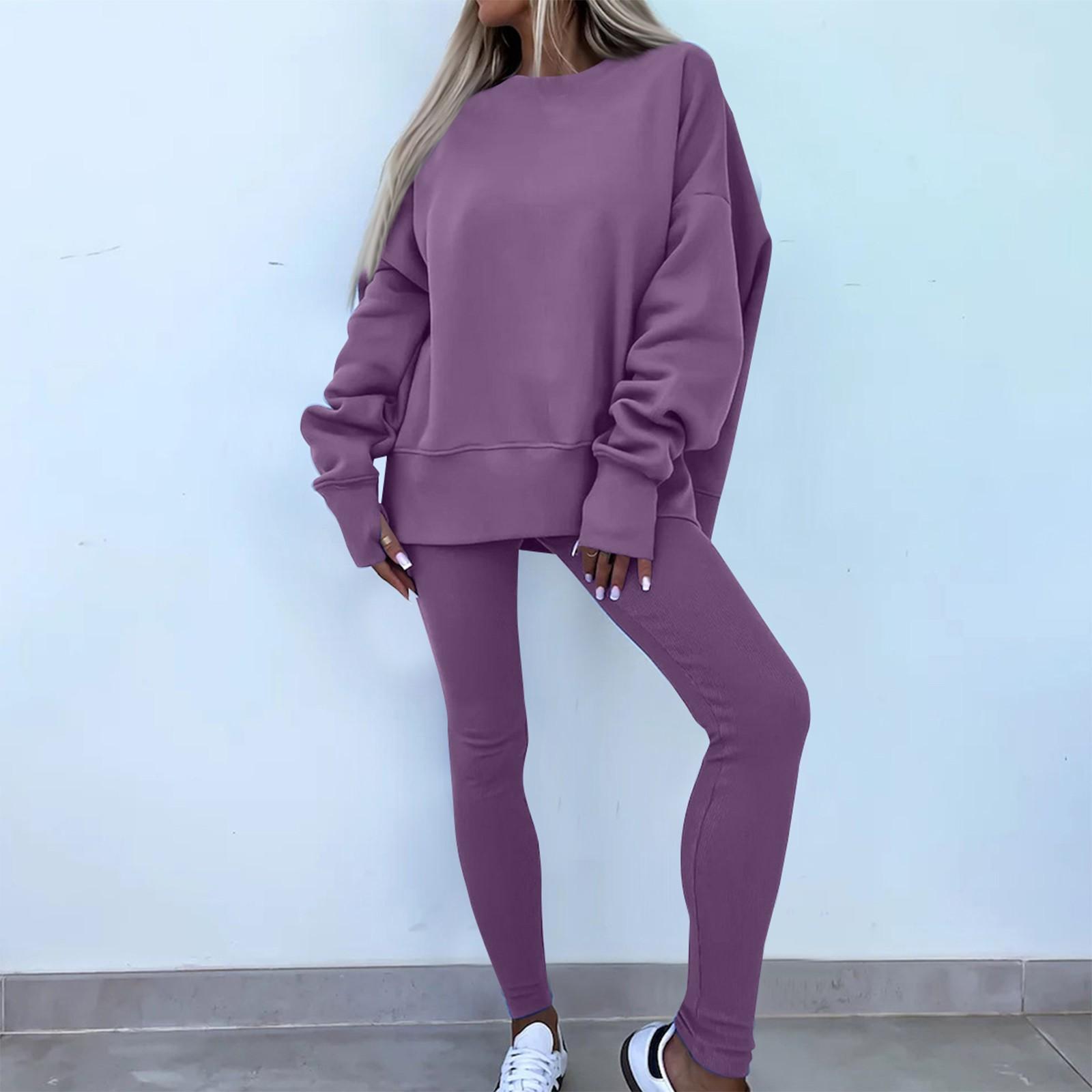 

Комплект с капюшоном для женщин, повседневный, с длинными рукавами, круглым вырезом, разрезом, обтягивающие брюки L фиолетовый