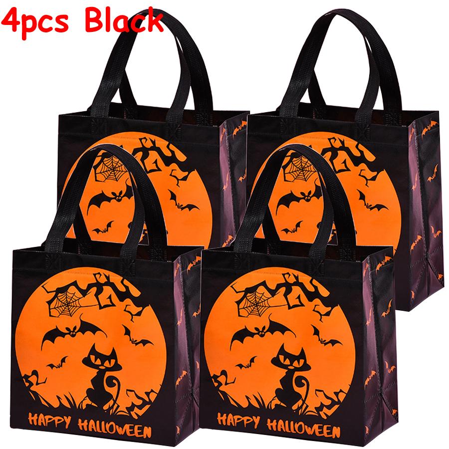 

4pcs Halloween Theme Non-woven Cloth Gift Shopping Bag with Handle Reusable Pumpkin Bat Creative Trick or Treat Goodie Bags As picture show
