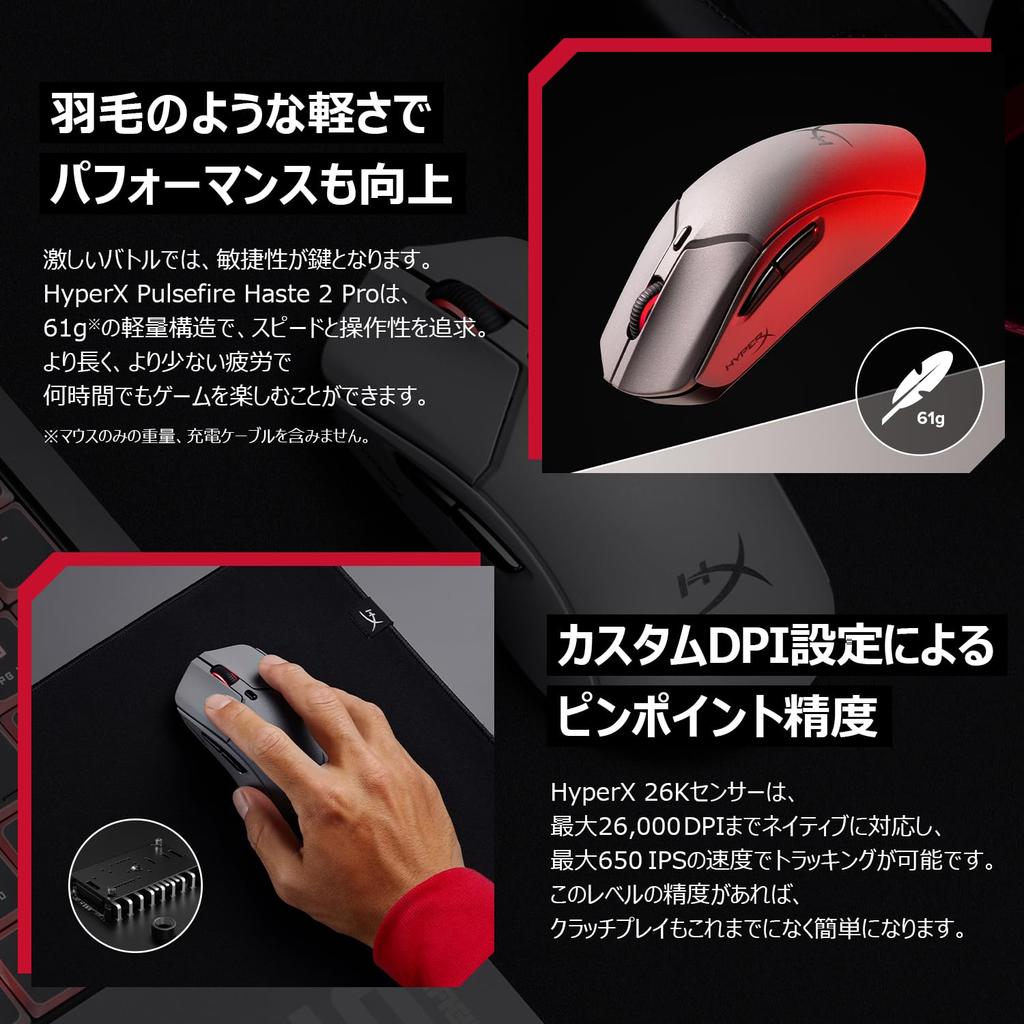 HyperX Pulsefire Haste 2 Pro Wireless Gaming 4K Polling Lightweight 26K Long Battery Symmetrical Dual Wireless A1KY5AA Mouse, Rate, 61g, Sensor, Life,