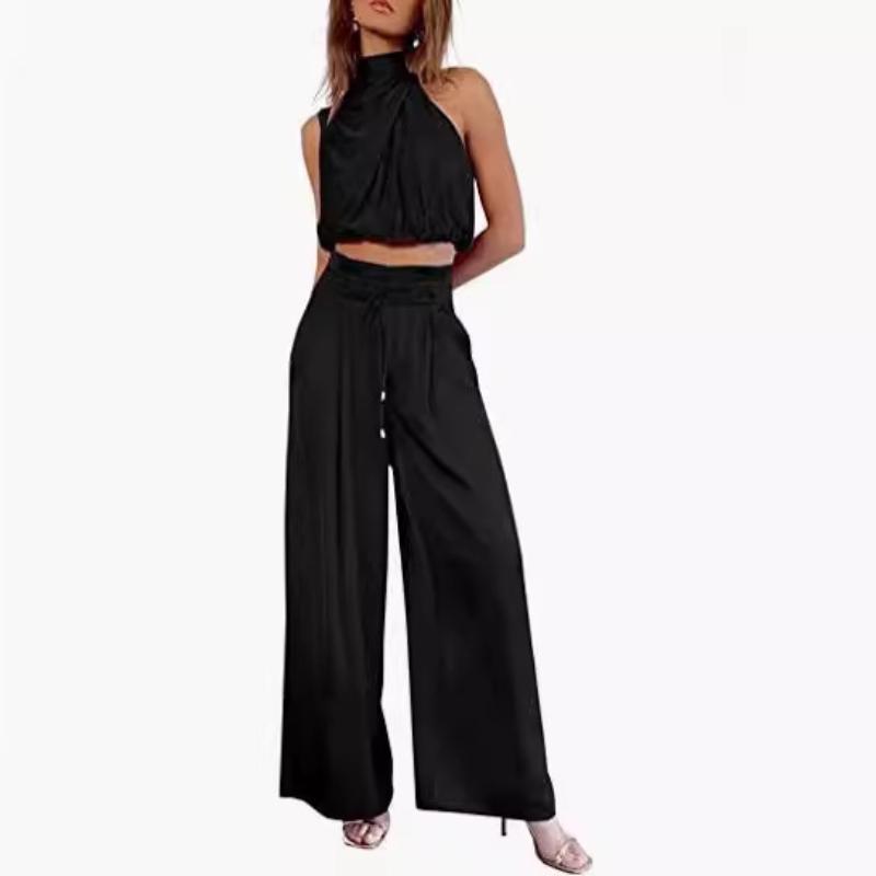 

Women s High Neck Sleeveless Crossover Top with Wide Leg Pants Set in 6 Colors S чорний