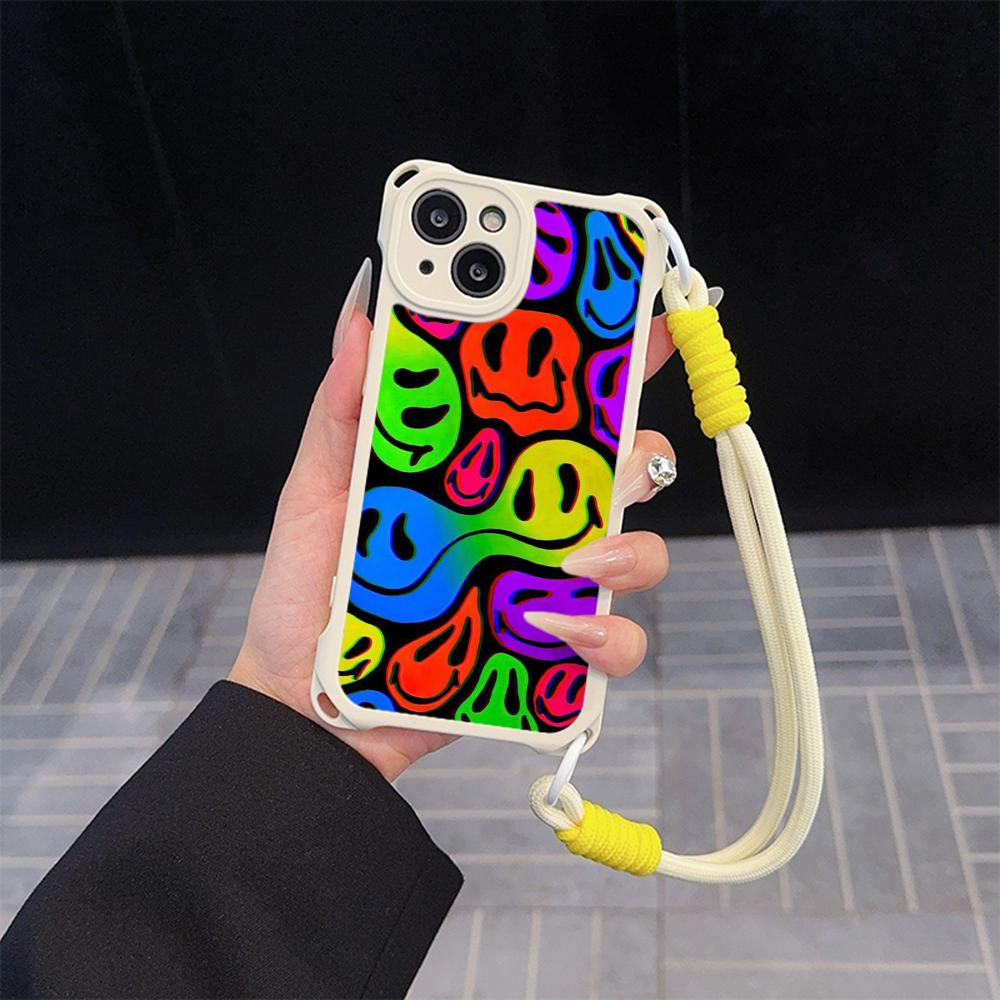 Ae88 Lovely Smiley Art Soft Phone Cases for iPhone 16 15 14 13 12 11 Pro Max XR with Wrist Strap Lanyard Corner Protection Back Cover