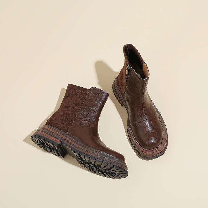 

Женские весенне-осенние короткие ботинки на платформе с ручной царапиной, челси, одинарные ботинки в британском стиле, ботинки Мартин, толстый каблук, боковая молния, ботинки-чулки 40 коричневый