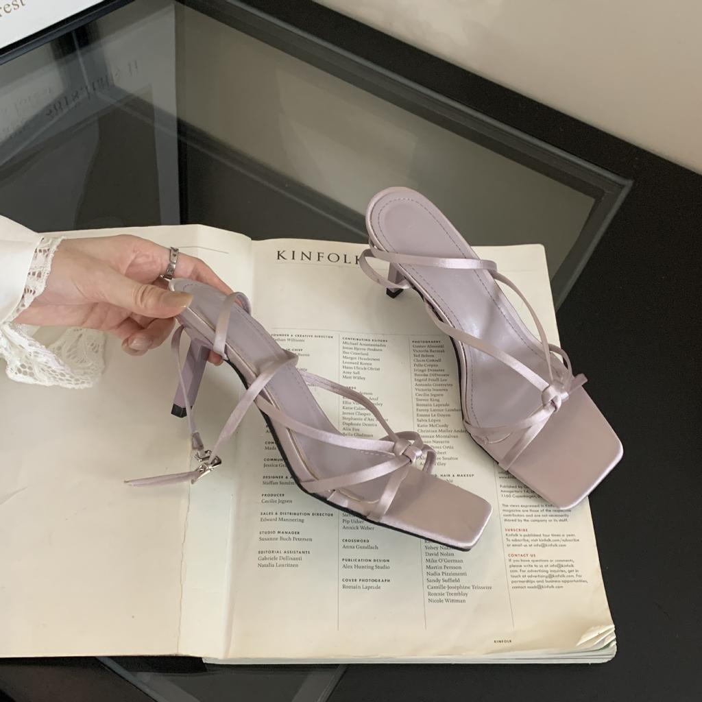 2025 Summer Pink Purple Satin Cross-strap Sandals Women's Open-toed Sexy Strap High-heeled Sandals