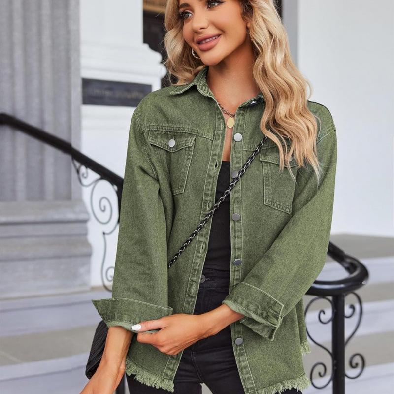 2025 Chic Olive Green Tassel Women s Convertible Denim Jacket M