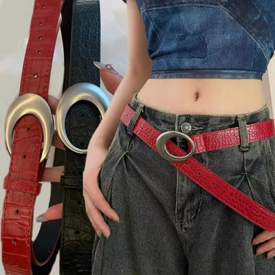 Adjustable Women's Crocodile-patterned Belt Simple Pin Buckle Red Black Metal Buckle Vintage Belt Imitation Leather