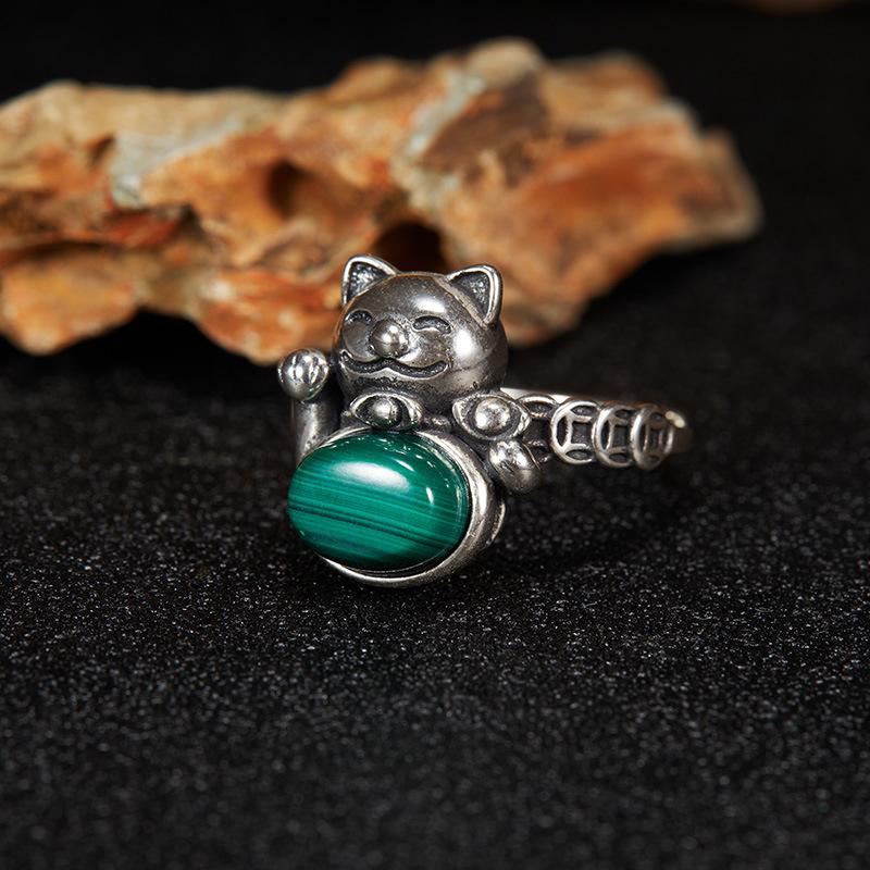 

S925 Sterling Silver Natural Blue Crystal Malachite Star Red Corundum Lucky Cat S Eye Color Treasure Thai Silver Ring Hipster Personality