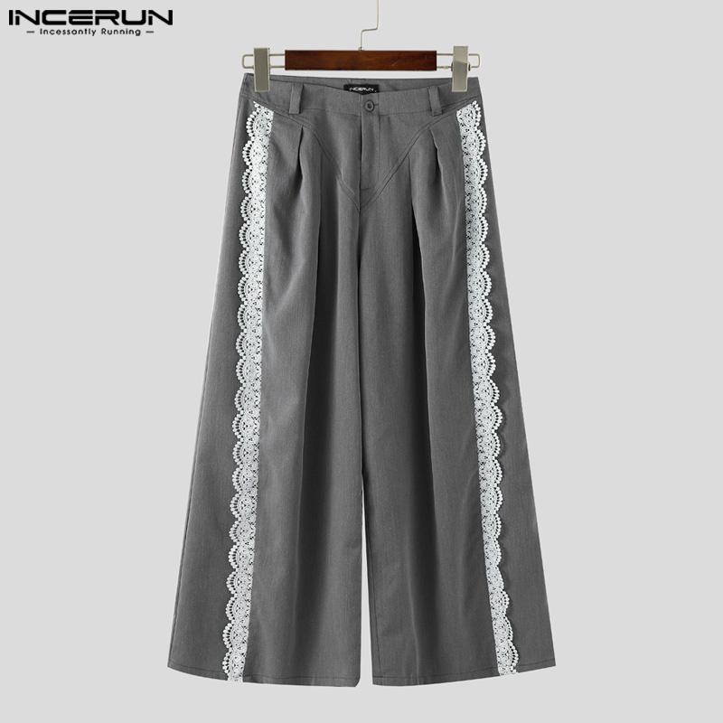 INCERUN Men Casual Zipper Waist Lace Hem Long Wide Legs Pants Trousers