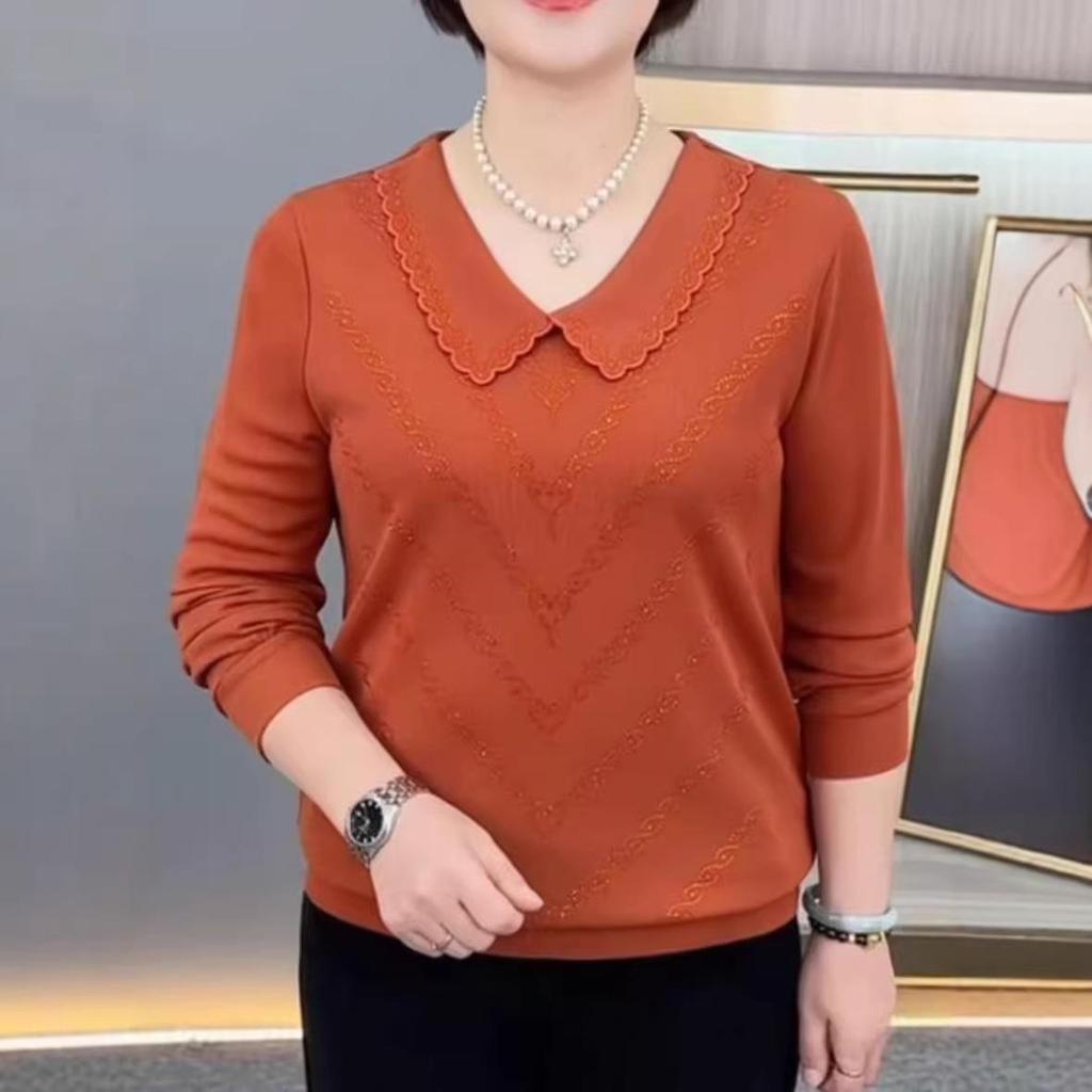 Autumn Chic Long-Sleeve Slimming Rhinestone Doll Collar T-Shirt