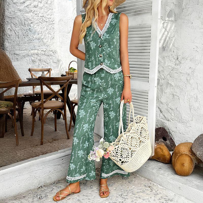 

Cross-Border Foreign Trade Women clothes 2025 Summer Bohemian Western Style Print Lace Cardigan Vest Long Pants set Army Green M