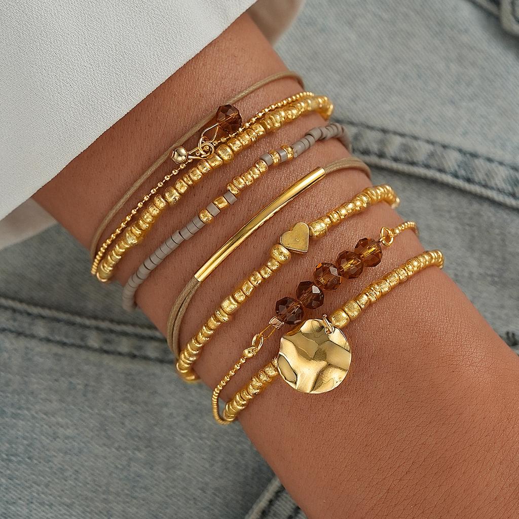IF ME 7 Sets CCB Golden Crystal Rice Bead Bracelets Set Fashion Elegant Women Jewelry Party Accessories