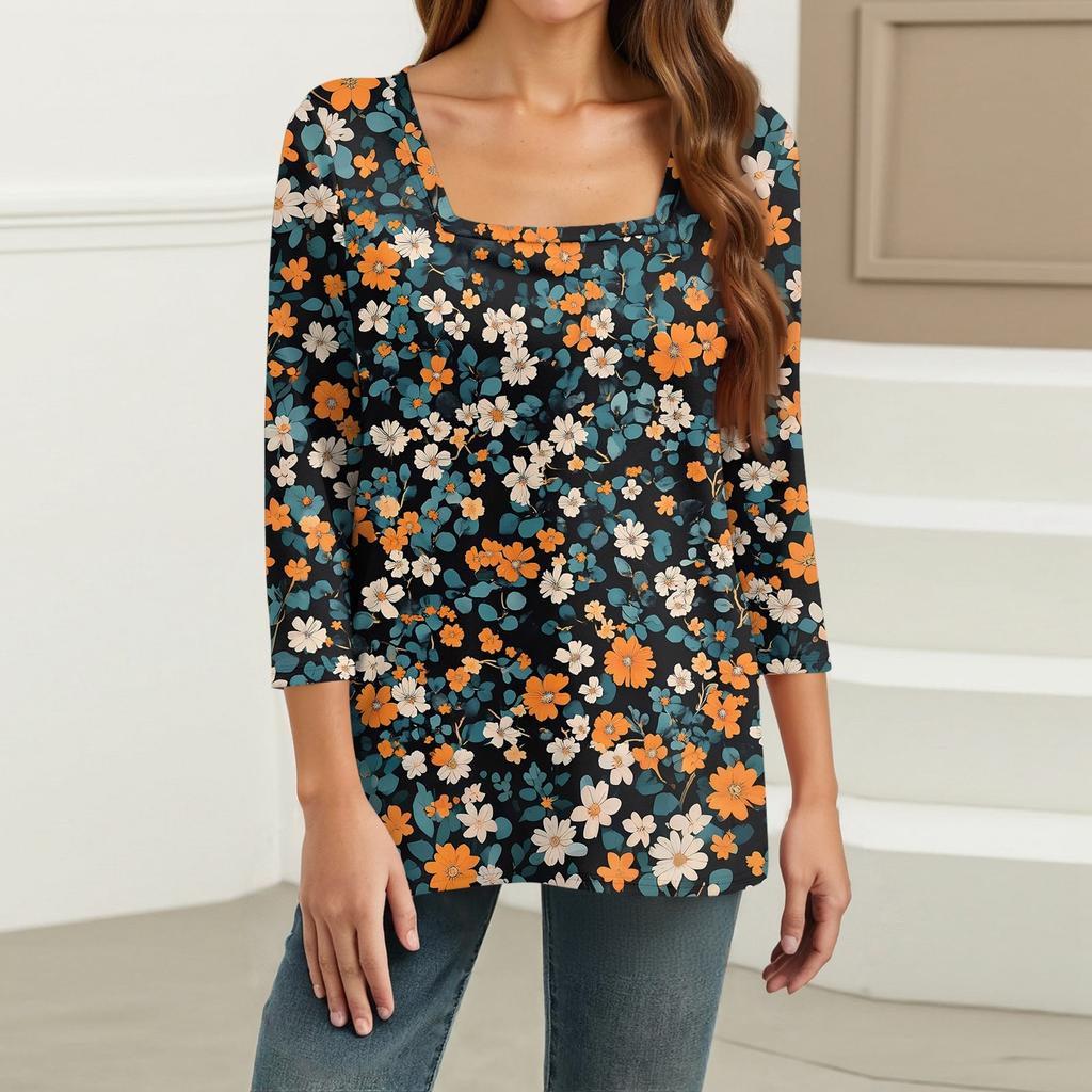 Košile pro dámskou módu Neformální dámské tričko s čtvercovým výstřihem, 3/4 rukávem, volným potištěným tričkem