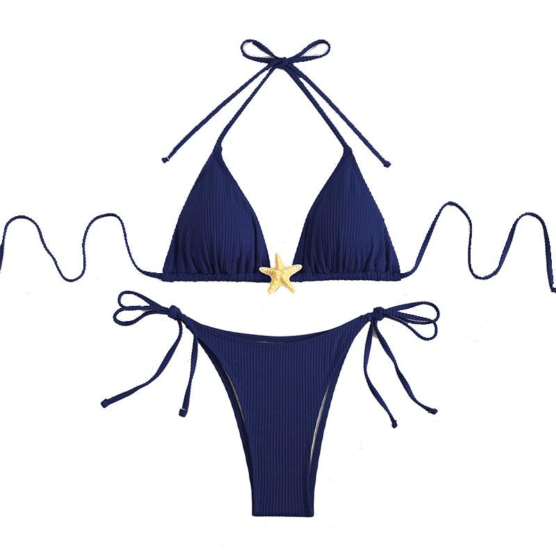 New Sexy Solid Color Backless Hanging Neck Tight Bikini Split Side Strap Women's Triangle Swimsuit Three-point Bikini Set