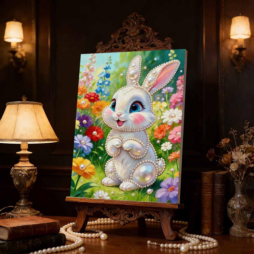 DIY Cute Little Rabbit Pearl Diamond Art Painting Kits for Adults and Beginners, Fine View Sparkling Painting Craft Home Wall Decor Handmade Gift