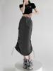 Cargo Midi Skirt Women Summer Slim High Waist Slit A-line Skirt Stitching Drawstring Female Streetwear Vintage Y2K Grey