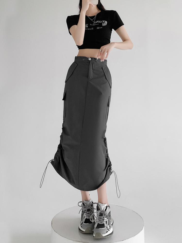 Cargo Midi Skirt Women Summer Slim High Waist Slit A-line Skirt Stitching Drawstring Female Streetwear Vintage Y2K Grey