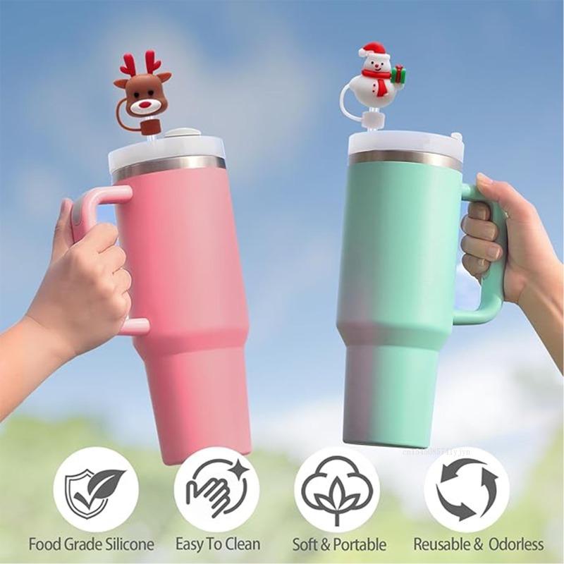 Christmas New Silicone Straw Cover 10mm Large Diameter Reusable Straw Tips Cartoon Cute Holiday Gift Dust Cap Party Xmas Decor