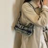 Y2K Washed Denim Shoulder Bag with Buckle Detail Zipper Closure Casual Underarm Purse for Daily Use