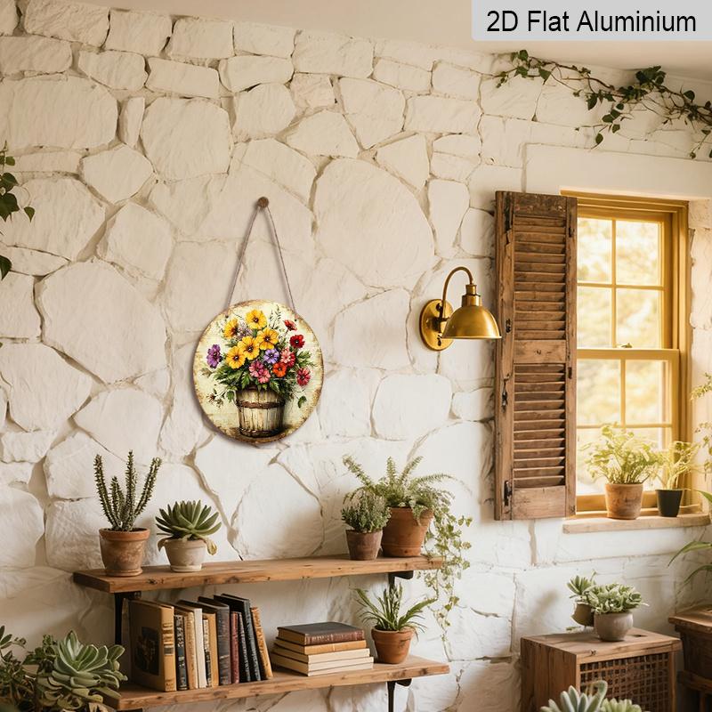 [Vintage Floral Sign] 2D Flat - 1pc Vintage Round Aluminum Sign Featuring a Bouquet Arrangement.This Colorful Floral Display Serves As Rustic Metal
