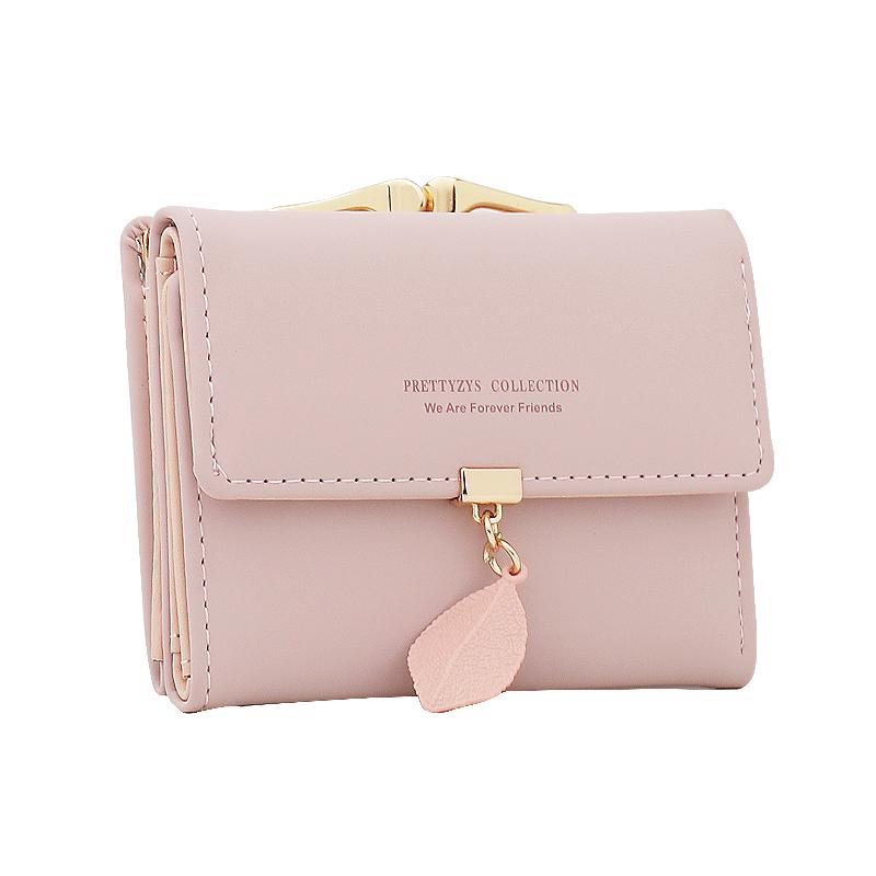 Affordable Luxury Women's Short Wallet Korean PU Leather Simple Everything with Solid Color Personality Leaf Pendant