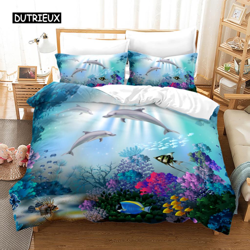 Ocean Duvet Cover Set Polyester Underwater World Clownfish Shark Quilt Cover Sea Animal Theme Double Queen King Size Bedding Set