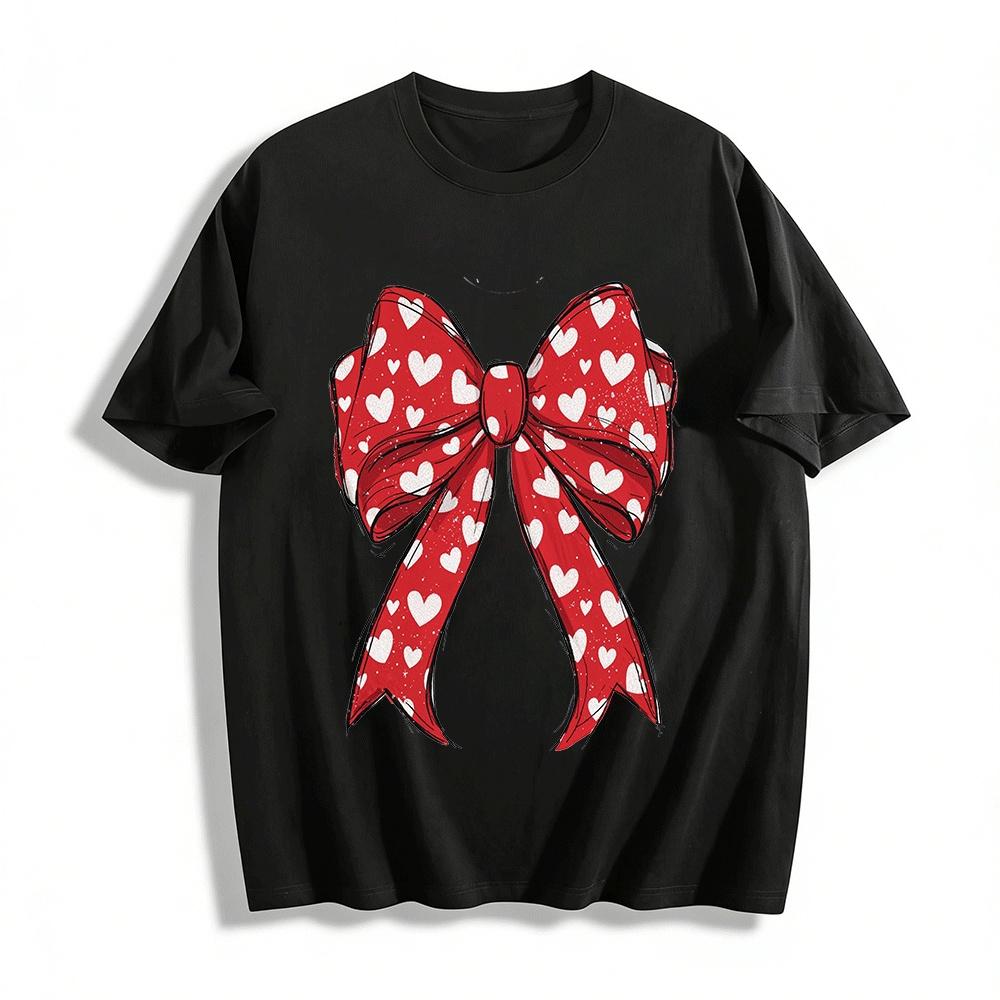 Women s Sweet Bow Heart Print Crew Neck Casual Tee Pure cotton T-shirt XXS