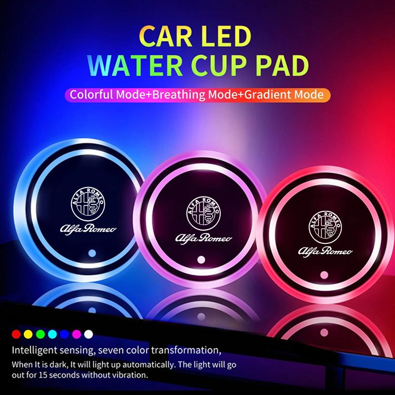 2pcs Colorful Luminous Car Water Coaster Cup Pad Non-Slip Mats For Alfa Romeo Giulietta 159 147 156 166 GT Giulia Stelvio Tonale