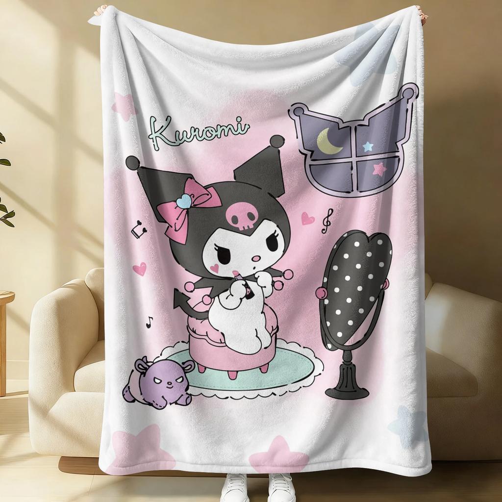 Kuromi Pink & White Stripe Flannel Blanket Soft Warm Throw Japanese Anime Camping Office Bedroom School Nap Blanket Summer Quilt
