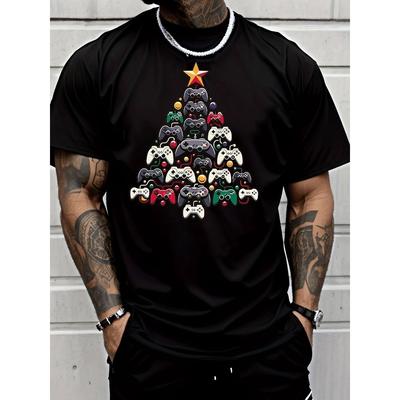 Europäische Größen Herren Trendiges Kurzarm-Grafik-T-Shirt mit einem Weihnachtsbaum-Stern-Ornament-Design mit einem Gamecontroller