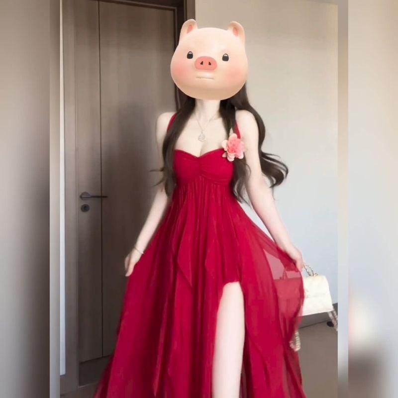 

French Style Beautiful Red Halter Tube Top Dress Women s Summer Seaside Holiday Sexy Irregular Slit Long Skirt Hanging Neck Dress M