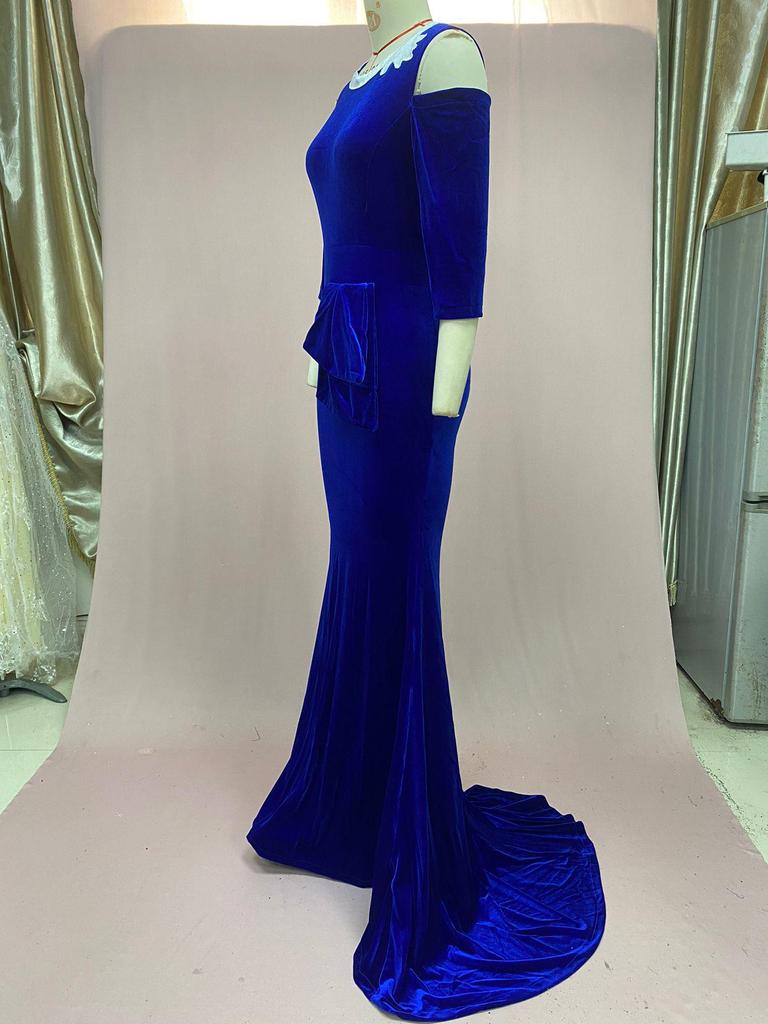 European & American Gold Velvet Embroidered Off-Shoulder Fishtail Dress - Spring/Summer 2025 Collection.