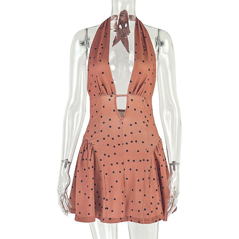 

Fashion Style Print Polka Dot Women s Clothing Ruched Sexy A- line Skirt Ruched Deep V Neck Sleeveless Short Dress Trendy Dark brown L