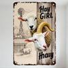 Rustic Vintage Farm Metal Tin Sign 'Hay Girl Hay' with Windmill, Barn, Sheep Illustrations Distressed Aged Wall Decor for Home,