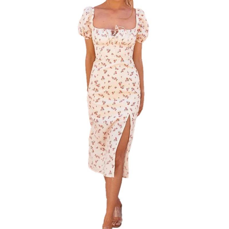 Women s New Skirt French Retro Floral Skirt Slim-fitting Split-ended Long Bubble Sleeve Dress S абрикосовый