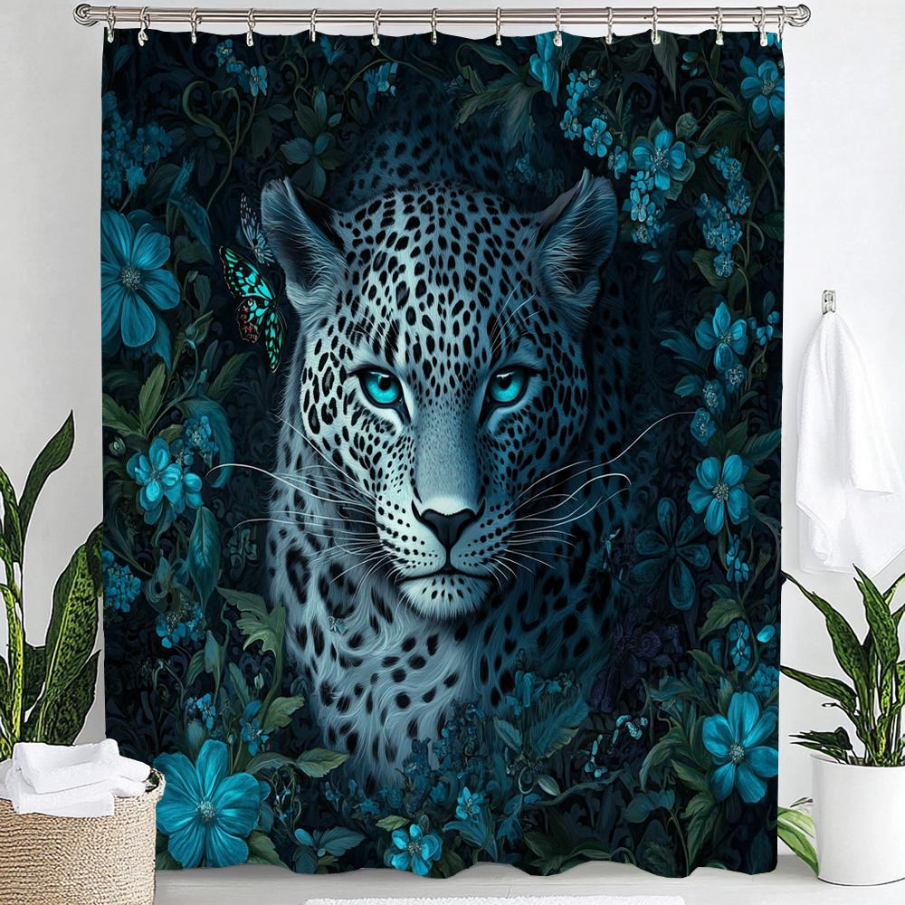Tropical Plants, Flowers and Pink Leopards Print Waterproof Shower Curtain Hanging Curtain 12 Hooks Decoration Machine Washable