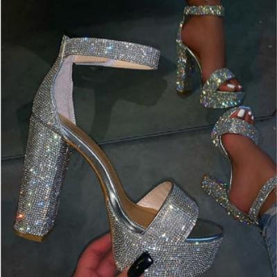Fashion Silver Rhinestone Platform Sandals Summer Open Toe Ankle Strap Square High Heels Women Party Wedding Shoes