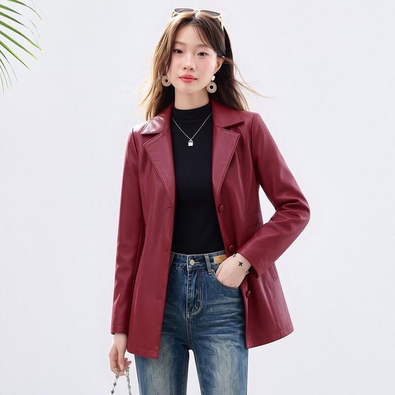 Sanpowa Women's Fall Windproof Lapel PU Leather Jacket