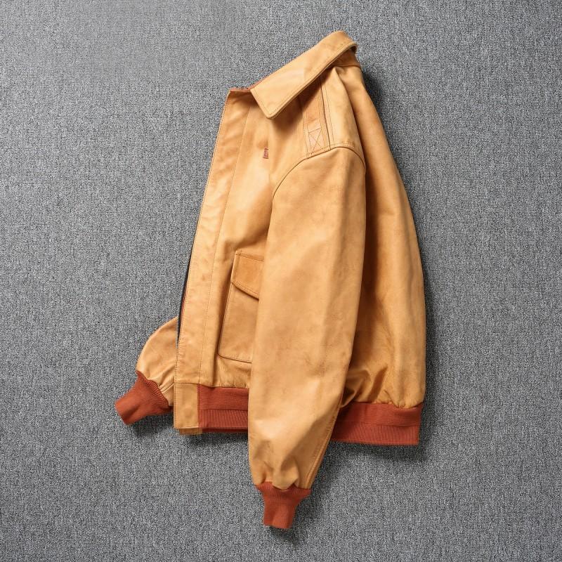 Chinese Size Classic Flight A2 Pilot Jacket Vintage Dirty Yellow Oil Waxed Cowhide Genuine Leather Jacket Men Aviator Jackets Male Coats