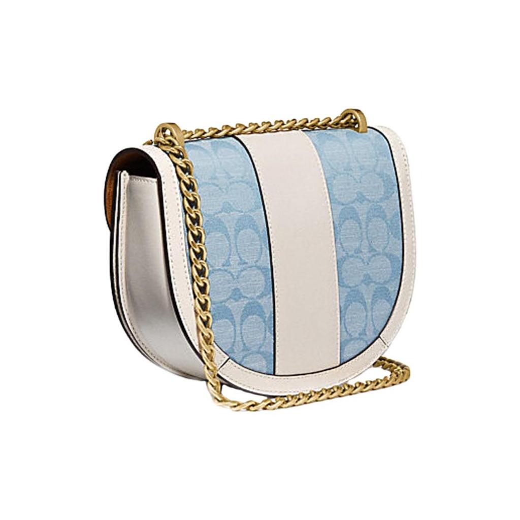 Coach Alie 21 Monogram Color Block Chain Chambray Canvas Print Leather And Fabric Saddle Bag Crossbody Small Women saddle bag C4694-B4SUX