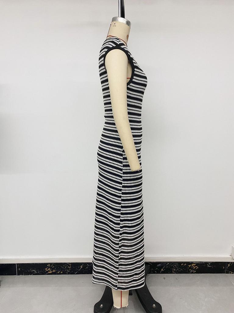 Womens Striped Sleeveless Knit Bodycon Long Maxi Dress